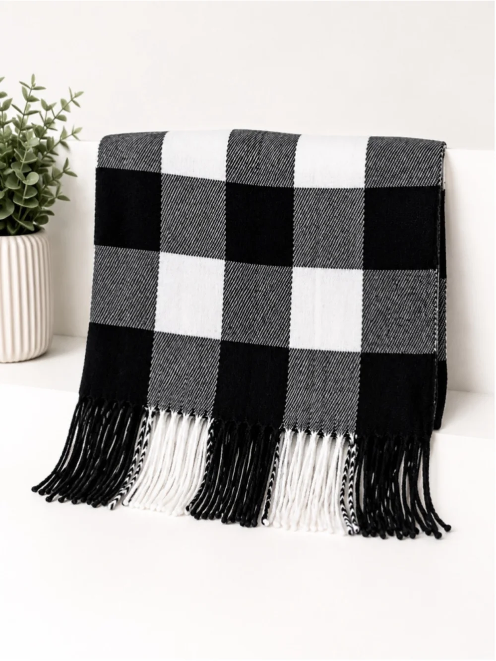 New Black & White Buffalo Plaid Fringe Scarf – Unisex – 72” x 12”